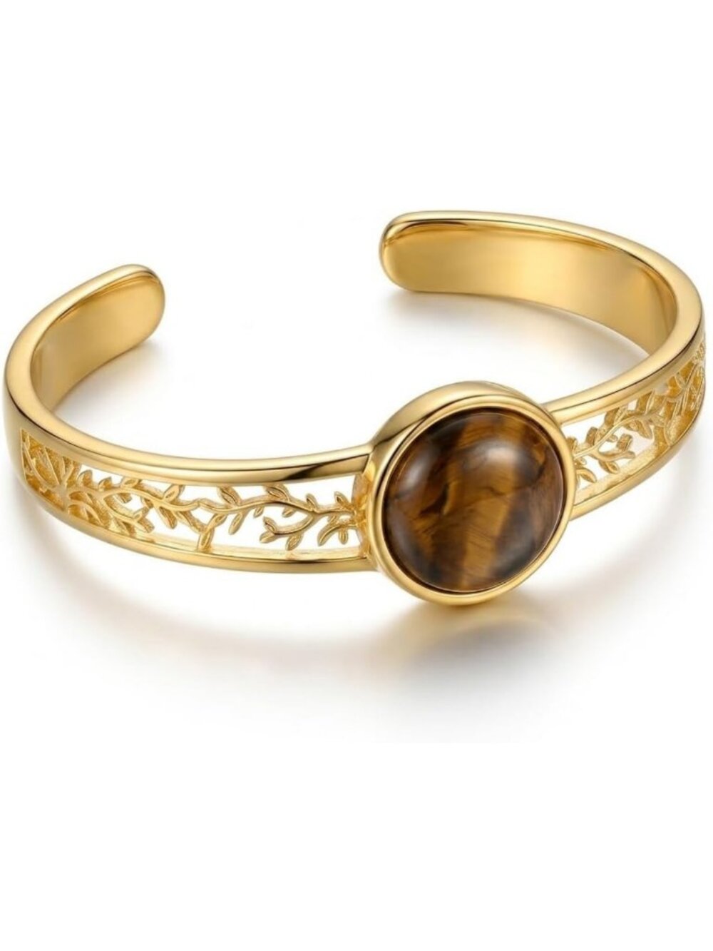 14k Gold Plated Tiger Eye Tree of Life Cuff Bracelet - Open Bangle Jewelry